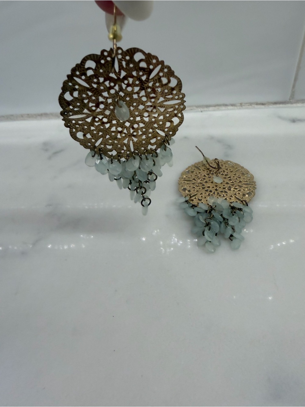 Gold Filigree Chandelier Earrings with Light Aqua Green Beads